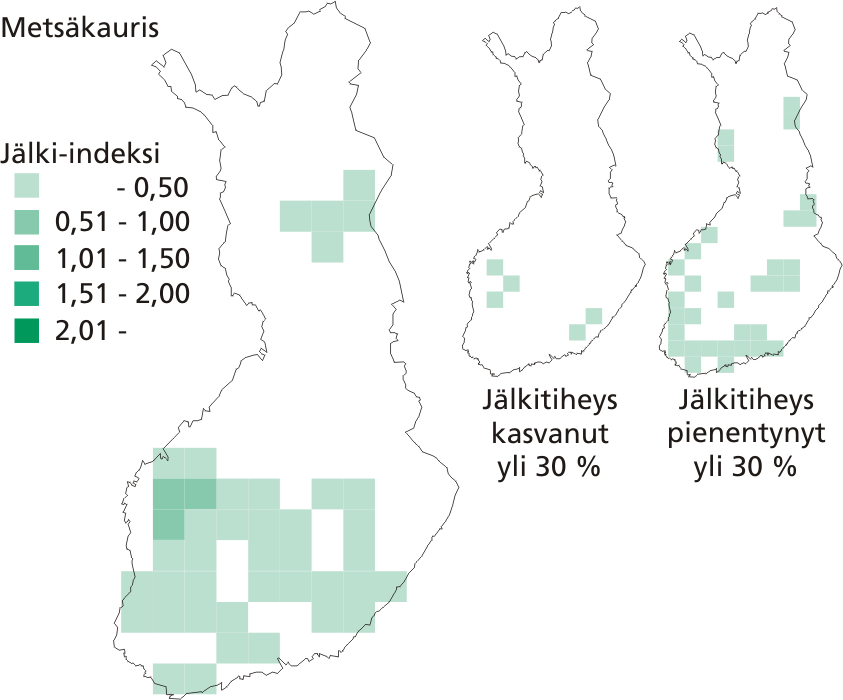 Metsäkauriin jälki-indeksit (jälkiä/10 km/vrk) 50 x 50 km:n ruuduissa