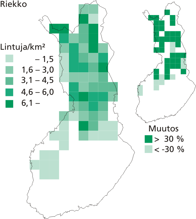 Riekon keskimääräinen tiheys (lintuja/km² metsämaata) 50 x 50 km:n