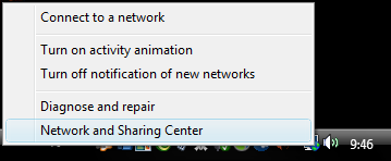 Ohjeet Windows Vista -käyttöjärjestelmän verkkoasetusten tarkistamiseksi: Klikkaa hiiren oikealla napilla ruudun oikeassa alakulmassa olevaa verkko (Network)-kuvaketta.