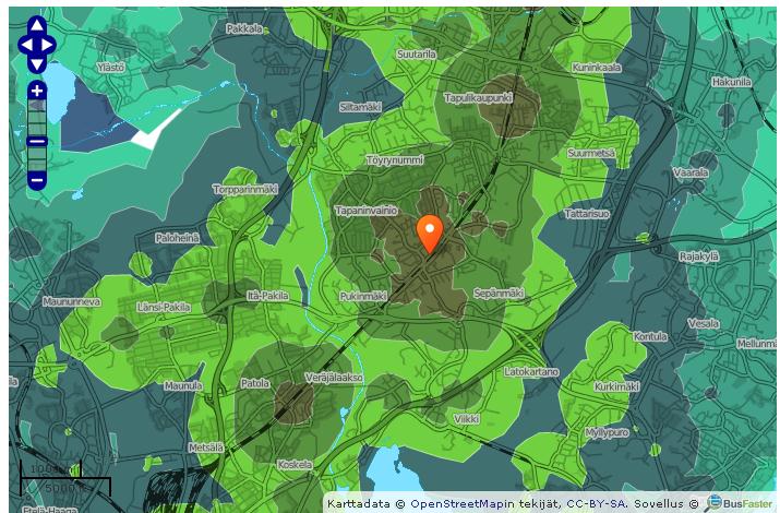 7 Seuraavassa kartassa (Kuva 5) on esitetty joukkoliikenne-, kävely- ja pyöräilysaavutettavuus 15 minuutin matka-ajalla (klo 17 arkipäivänä).