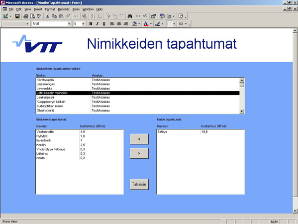 Nimikkeiden tapahtumat Tapahtuman lisäys nimikkeelle: Kuva 11. Nimikkeiden tapahtumat. Valitse nimike listalta. Valitse oikeanpuoleiselta tapahtumalistalta lisättävä tapahtuma.