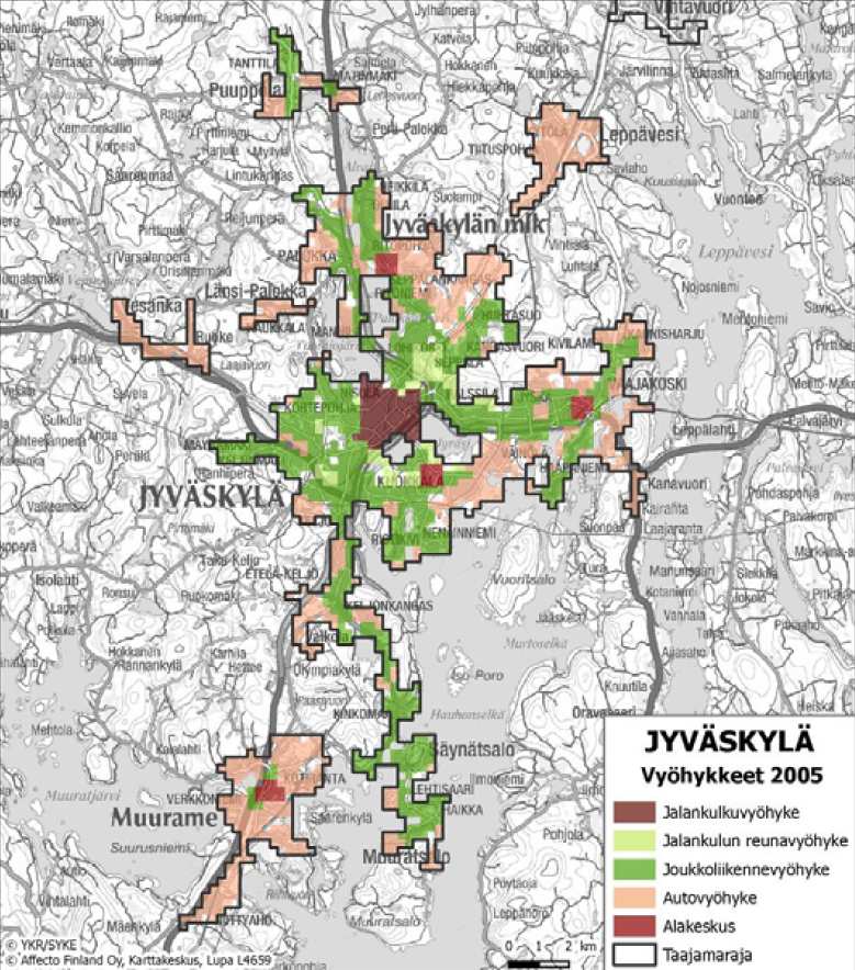 32 FCG Finnish Consulting Group Oy Osa 2: Jyväskylän kaupallinen palveluverkkoselvitys Nykyisellään yhdyskuntarakenne ja kauppojen sijainti luo jalankulkuvyöhykkeillä hyvät edellytykset asiointiin