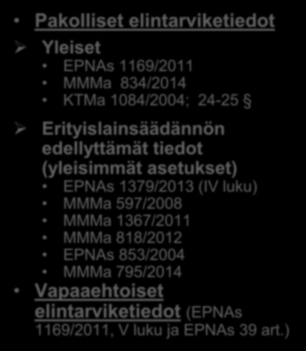 Kalastus- ja vesiviljelytuotteet Pakatut tuotteet Pakkaamattomat tuotteet Etämyynti Markkinointi Pakolliset elintarviketiedot Yleiset EPNAs 1169/2011 MMMa 834/2014 KTMa 1084/2004; 24-25