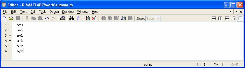 Skriptit Tämä on skripti. Editoriin voidaan kirjoittaa rivi kerrallaan haluttuja komentoja ja valmisfunktioiden kutsuja.