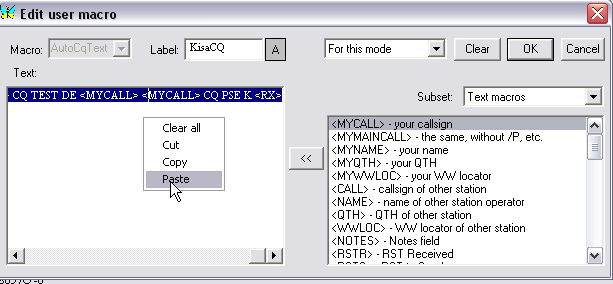 Automaattikutsun sisältö (text) voidaan tehdä käsin tai se voidaan käydä kopiomassa esimerkiksi kisamakrosta CQ test (kilpakutsu) ja liittää Autocq:n Text- kohtaan seuraavan mallin mukaan.