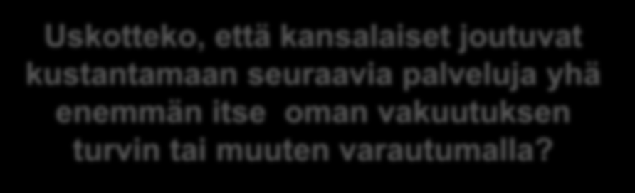 PALVELUJEN KUSTANTAMINEN ITSE TULEVAISUUDESSA Uskotteko, että kansalaiset joutuvat kustantamaan seuraavia palveluja yhä enemmän itse oman vakuutuksen turvin tai muuten varautumalla?