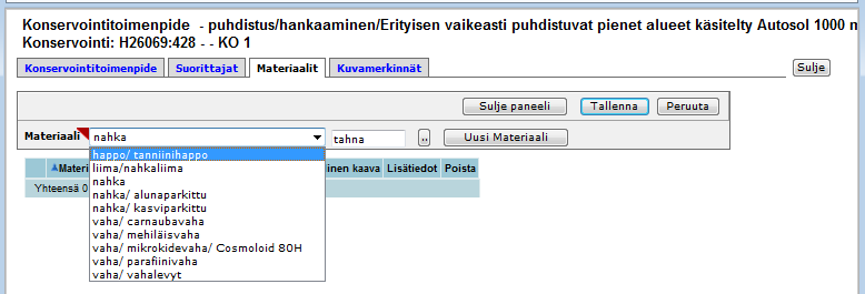Konservointiohje Sivu 10 / 46 23 24 Kun kirjoitat hakemasi materiaalin nimen hakukenttään (23.) ja klikkaat haku-painiketta (24.