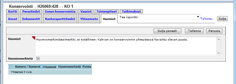 Konservointiohje Sivu 16 / 46 28 Nyt konservointikertomus on pääosiltaan täytetty. Sen saa tulostettua kaikilta konservoinnin päävälilehdiltä kohdasta Tee raportti (28.).