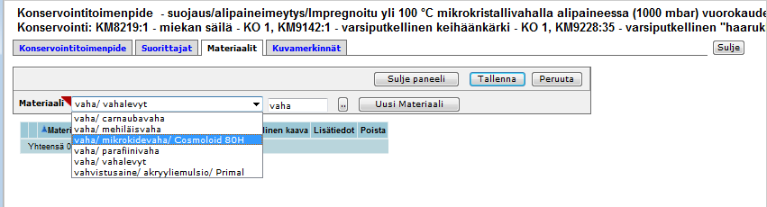 Suppea konservointikertomus- ja ryhmätoimenpide-ohje Sivu 31 / 46 12 Kun kaikki toimenpiteet on syötetty, aletaan syöttää niille tarkempia tietoja.