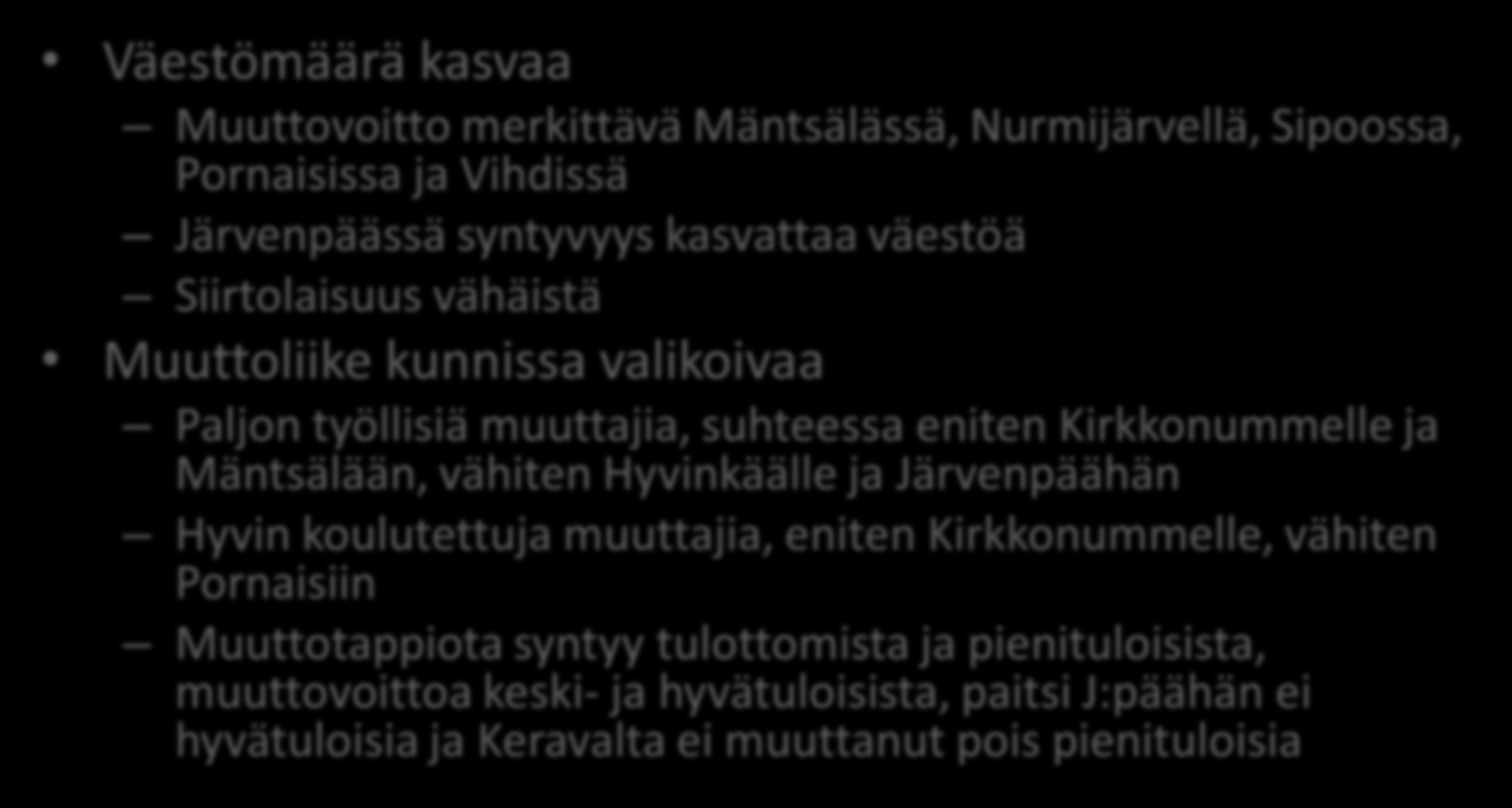 KUUMA-kunnat erilaistuvat Väestömäärä kasvaa Muuttovoitto merkittävä Mäntsälässä, Nurmijärvellä, Sipoossa, Pornaisissa ja Vihdissä Järvenpäässä syntyvyys kasvattaa väestöä Siirtolaisuus vähäistä