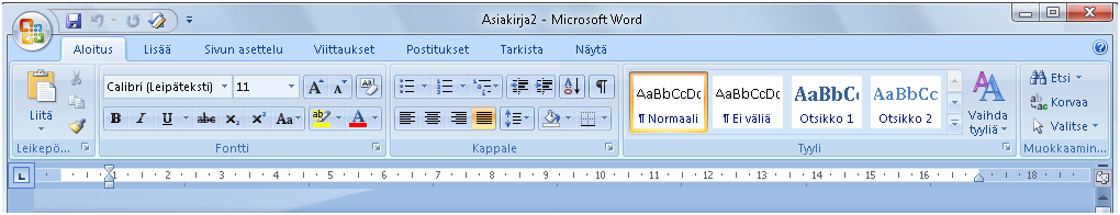 10.12.2008 Office 2007-koulutusmateriaali KRTT Oulu Kimmo Rousku dia 11 Valintanauha eli ribbon Office-painikkeesta oikealle löydät vanhan valikkoajattelun syrjäyttäneen valintanauhan.