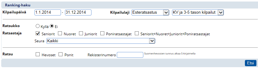 Voit hakea Ranking-pisteitä lajeittain, ratsukoittain tai erikseen ratsastajien, hevosten tai ponien pisteitä. Sivun vasemmalta puolelta voit valita ajan, jolta haet pisteitä.