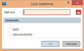 Syötetään rekisterinumero Jos rekisterinumero halutaan myöhemmin vaihtaa, se onnistuu kopioi laskelmatoiminnolla. -Integraatiovalinnat DMS ja Vakuutuskysely voidaan tehdä tässä vaiheessa.