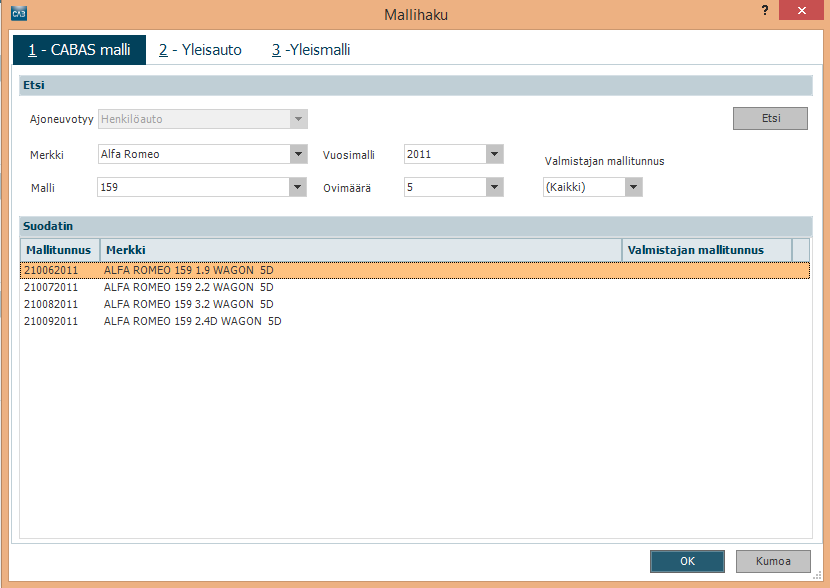 Automallin valinta Valitaan valikoista auton merkki, malli ja muita hakuehtoja ja valitaan Etsi.