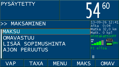 Pikavalintanäppäimiin on koottu keskeisimmät toiminnot, kuten esimerkiksi taksan valinta tai mittarin pysäyttäminen taksa-asennosta <STOP>.