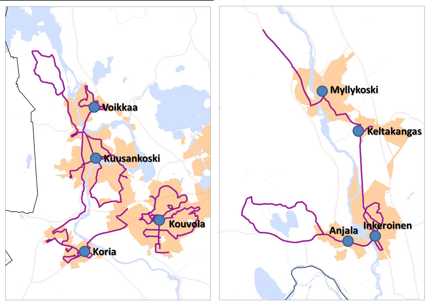 Kuva 10. Palvelulinjat Kouvolassa. Palvelulinjoissa tehtiin vuonna 2013 yhteensä 20 395 matkaa ja palvelulinjoihin maksettiin tukea noin 83 000 (alv. 0).