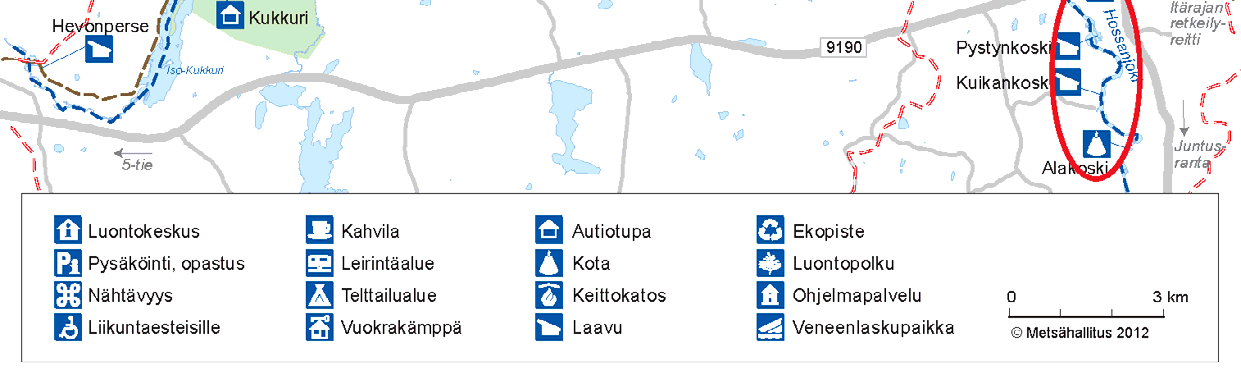 Kuva 2. Hossan retkeilyalueen palvelut sekä kävijätutkimuksessa mainitut käyntikohteet (ympyröity punaisella). Metsähallitus 2012, Maanmittauslaitos 1/MML/12. 2.2 Aineisto ja menetelmät Kävijätutkimuksen aineistoa kerättiin kahdella eri ajanjaksolla.