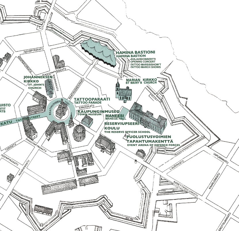 Venues 5. 4. 7. 8. 1. 6. 2. Tove Janssonin maalaukset nähtävillä Hamina Tattoo viikolla 29.7.- 2.8. klo 14.00-18.00 Hotelli Seurahuone, Marskin sali, Pikkuympyräkatu 5 Vapaa pääsy! Lisätietoa: www.