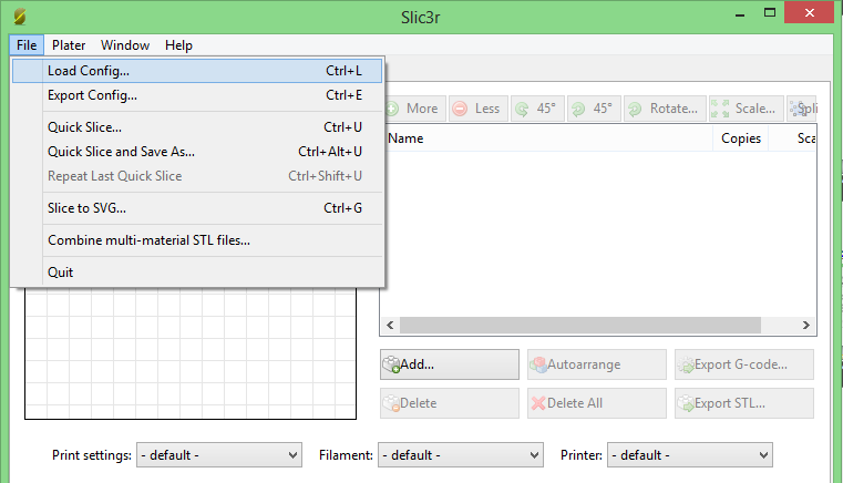 Valitse Slic3r ikkunasta File ja Load Config, jolloin aukeaa ikkuna. Etsi ja valitse juuri lataamasi minifactory_001.ini ja paina Open.