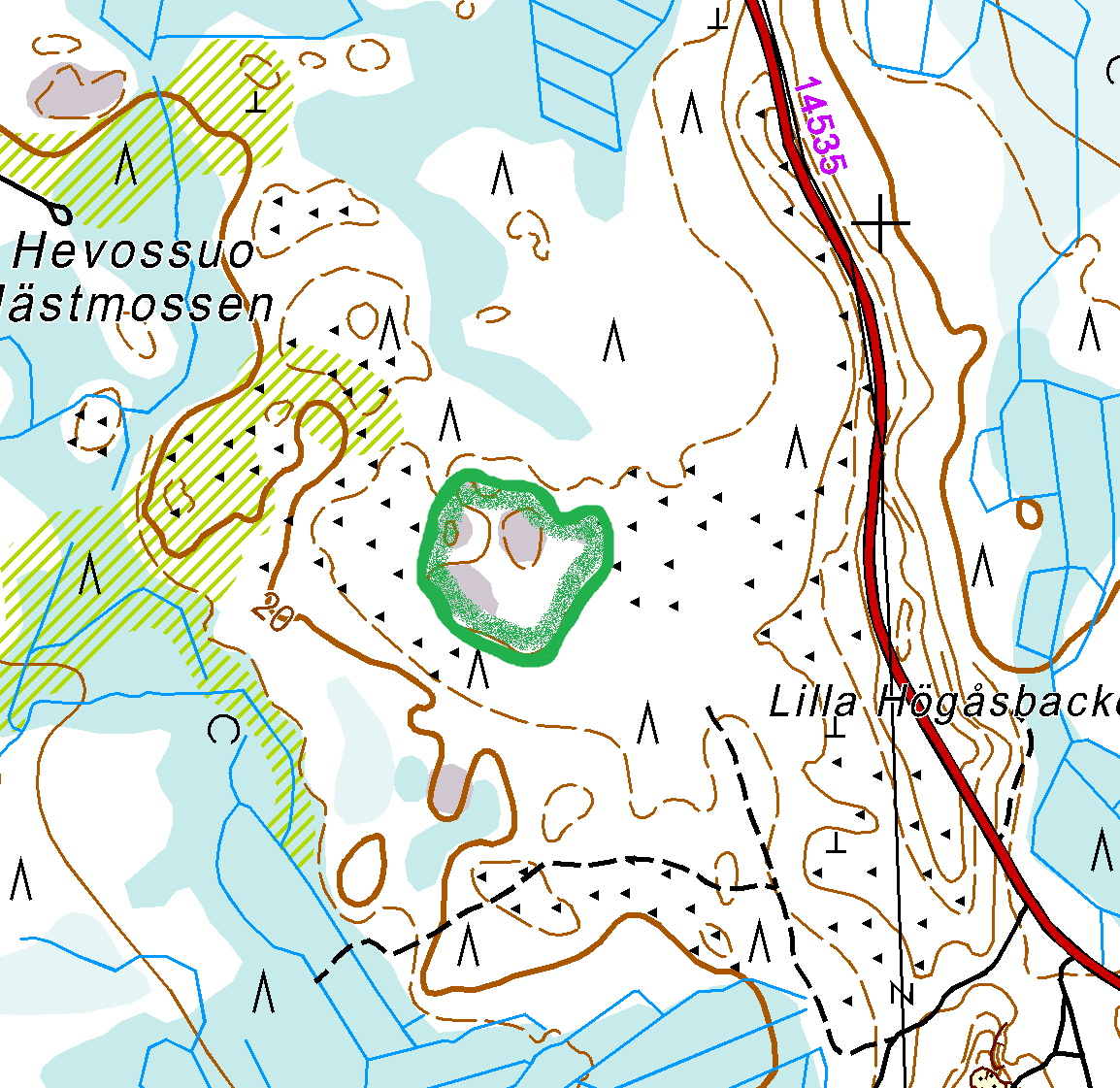 Kartta 6. Suunnittelualueen 3 paikallisesti arvokas elinympäristö on rajattu karttaan vihreällä. 6.3. Pesimälinnusto Alueella 3 elää kanalinnuista ainakin metso (L-dir, NT) ja pyy (L-dir), joiden ulosteita löytyi alueelta.