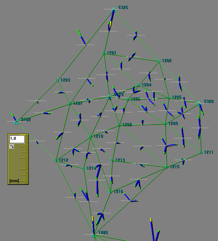 Kuva 30 Tasoitettujen havaintojen tasojäännösvirheet kytketyn verkon laskennan jälkeen (sininen) ja arvioidut virheet (vihreä tai keltainen) päällekkäin esitettyinä Nikkilän havaintoverkossa