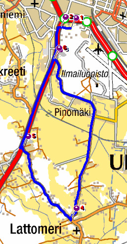 ja Lattomeren peltoaukean reunassa noin 2,5km, jonka jälkeen ajetaan kohti etelää peltoaukean yli Lattomeren kylälle, jossa metsänreunassa noustaan kymmenkunta metriä ja käännytään jyrkästi