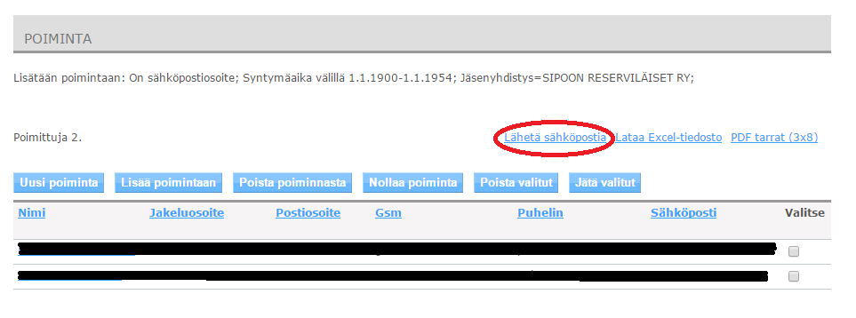 Maanpuolustusrekisterin käyttöohje Reserviläisliitto e) Klikkaa sivun alalaidasta Poimi.