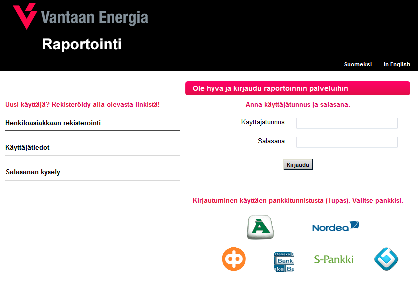 Tervetuloa Vantaan Energian Raportointipalveluun!