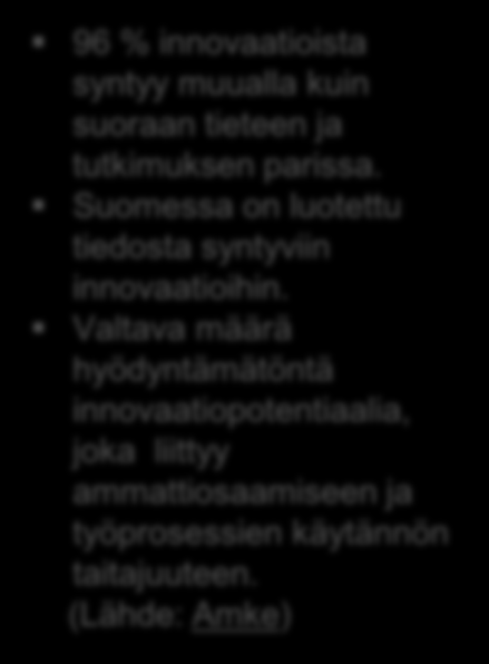 Ammatillisen aikuiskoulutuksen rooli yrityksen kansainvälistymisen tukemisessa 96 % innovaatioista syntyy muualla kuin suoraan tieteen ja tutkimuksen parissa.