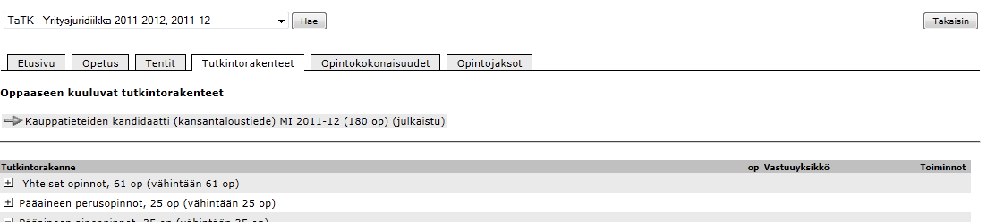 Opintokohteen tunnistetta näpäyttämällä pääsee kyseisen opintojakson perustietoihin. Opintokohteen nimi vie opetustapahtuman perustietoihin.