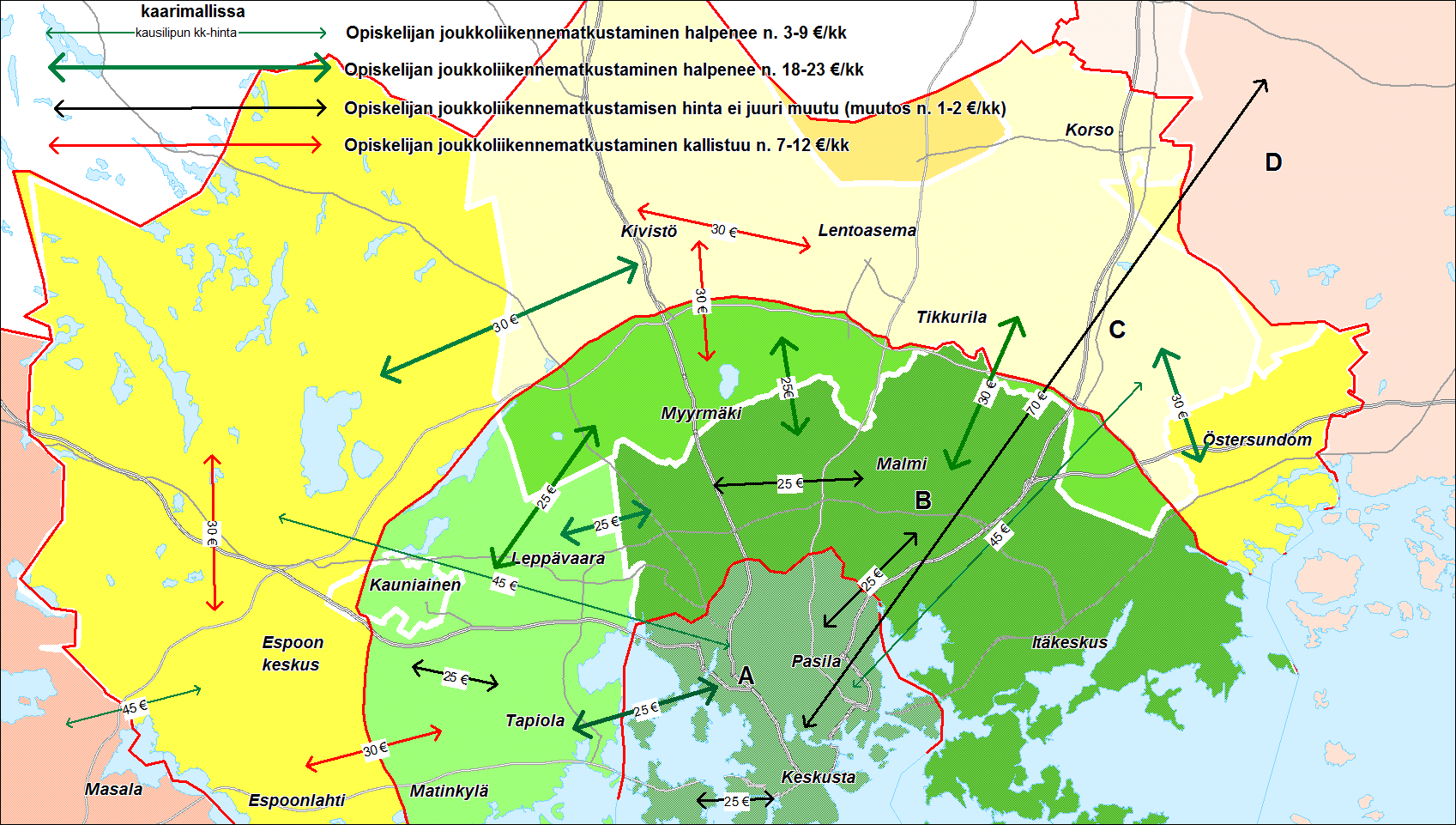 59 Seuraavassa kuvassa on esitetty opiskelijalipun hinnan muutos hallituksen esittämässä vaihtoehdossa (aikuisten kausilippujen hinnat AB/BC/ABC 50/60/90 /kk ja opiskelijaalennus -50 %) kaarimallin