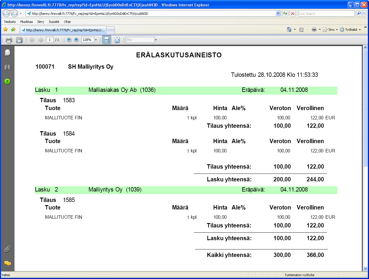 Tulosta laskutusaineisto = voit tulostaa raportin ja tarkistella aineiston sisältöä vielä