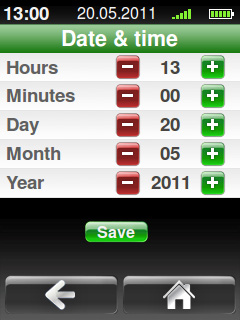 Date and time Set the hours, minutes, day, month and year by pressing the - or + button, until the displayed values are correct. To change the value faster, keep the - or + button pressed.