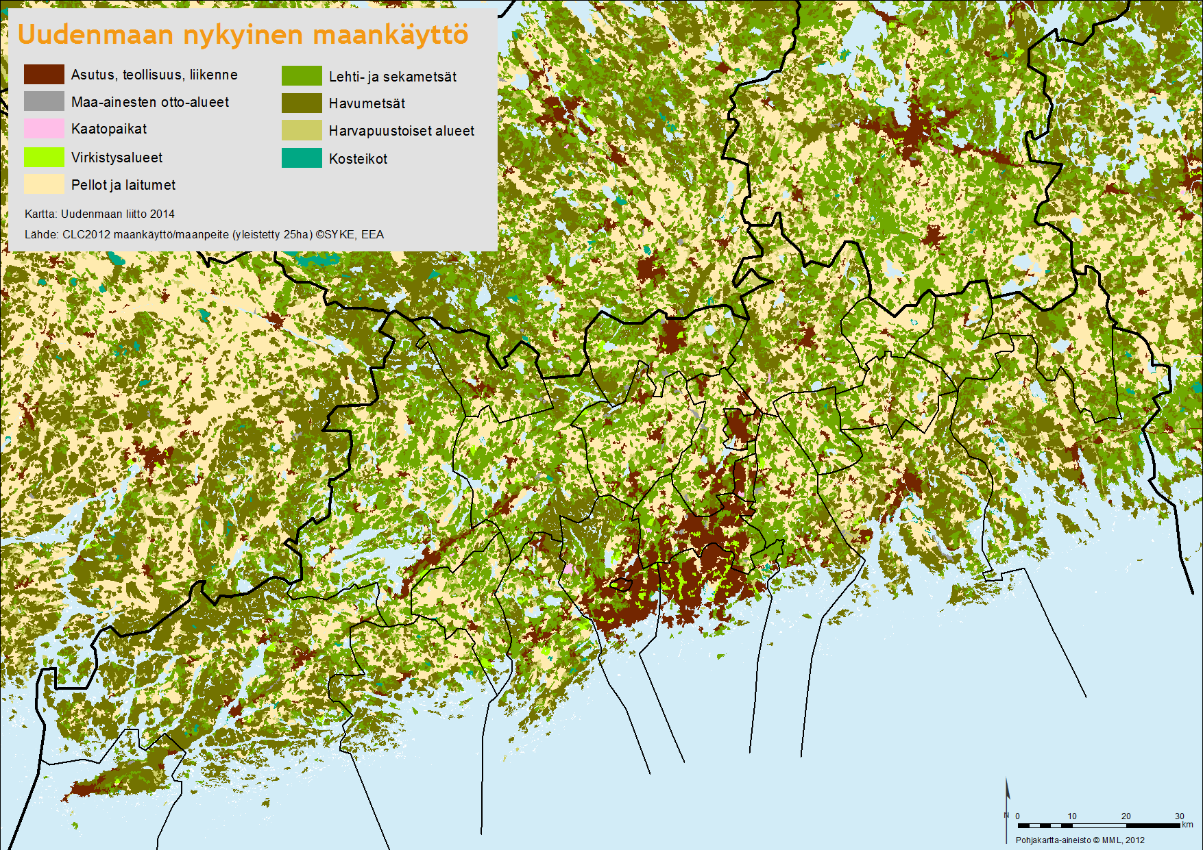 Kuva: Uudenmaan nykyinen maankäyttö. Tiiviimmin rakentuneen pääkaupunkiseudun läheisyydessä sijaitsee muutamia laajoja metsiä kuten Nuuksion ja Sipoonkorven alueet.