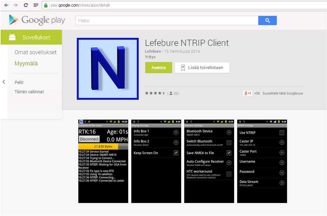 NTRIP Client asennusohje Android-puhelimeen Geodeettisen laitoksen DGNSS-paikannuskorjauksen ka ytta miseksi Asenna puhelimeesi ilmainen Lance Lefeburen NTRIP Client Google Play-kaupasta.