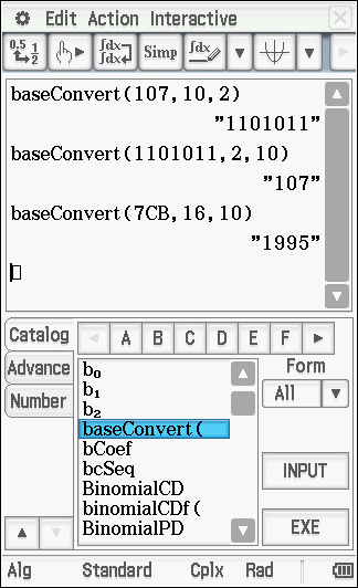 Osoita laskinta käyttäen, että heksadesimaaliluku 7CB16 on yhtä kuin 199510 Muunnamme desimaaliluvun 1995 heksadesimaalimuotoon. Valitse Dec. Syötä luku. Valitse Hex. Paina EXE.