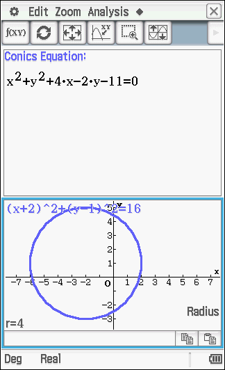 b) Valitse Analysis, G-Solve. Center (keskipiste). Ympyrän keskipisteen sijainti on ( 2,1). Valitse uudelleen Radius (säde). Ympyrän säde on 4.