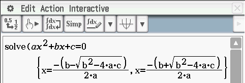 3.2 Toisen asteen yhtälöt Ratkaise toisen asteen yhtälö. x 2 5x 6 0 Valitse Interactive, Equation/Inequality, solve Syötä yhtälön vasen puoli. Saat lausekkeen nollakohdat.