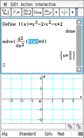 3 2 Syötä funktio f, joka määritellään f ( x) x 2x x 2. Määritä kuvaajan mahdollisen käännepisteen x-koordinaatin arvo.