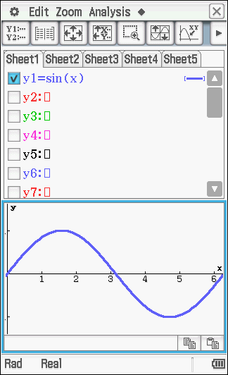 5.4 Trigonometriset funktiot ja kuvaajat Piirrä kuvaaja funktiolle f, joka määritellään f ( x) sin x, kun x [0,2 ] Valitse kulman yksiköksi radiaanit. Valitse päävalikosta sovellus Graph & Table.