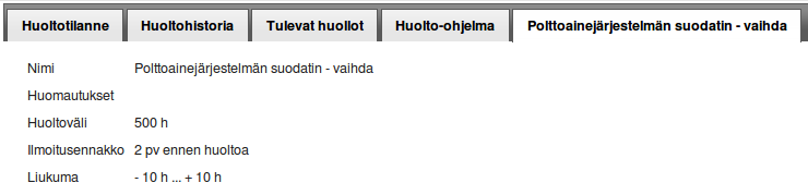 Huoltotoimenpide 2/2 Huoltotoimenpide välilehdeltä löydät huoltotoimenpiteen yleiset tiedot eli Huollon nimen