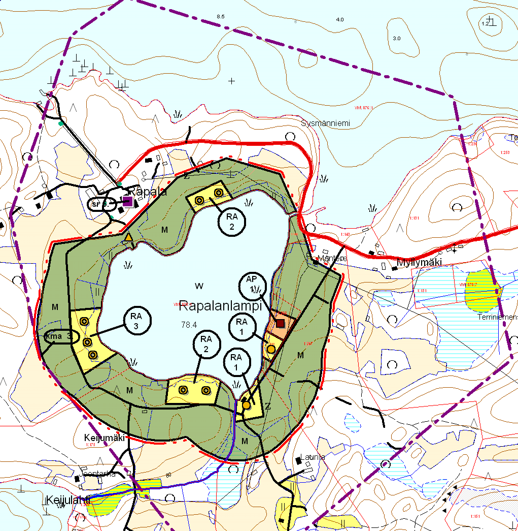 Rapalanlammen rannalle on osoitettu viisi loma-asunnon rakennuspaikkaa (RA) sekä maatilan talouskeskuksen (AM) käyttöön tarkoitettu saunarakennuksen