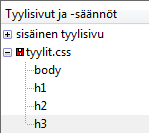 KompoZer s. 12/15 6. Luodut tyylisäännöt näkyvät vasemmassa reunassa tyylitiedoston nimen alapuolella. Punainen kuvake tyylitiedoston nimen edessä tarkoittaa tallentamatonta tiedostoa.