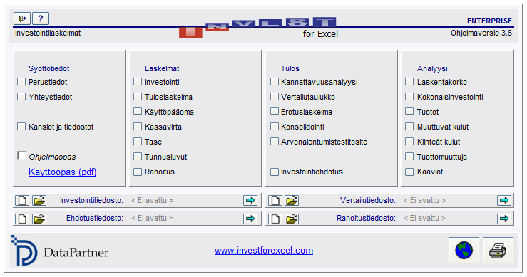 Invest for Excelin alkuruudun ulkonäkö voi hieman vaihdella versiosta riippuen. Alkuruudulla näkyvät Invest for Excelin pääosiot. Niiden järjestys on myös suositeltavin työjärjestys.