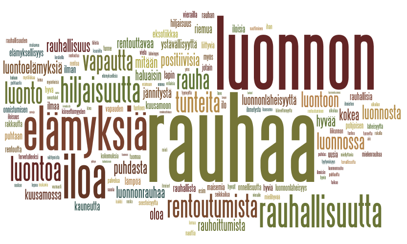 SANAPILVI: MILLAISIA TUNTEITA HALUAISITTE KOKEA KUUSAMOSSA (ULKOISET) Tutkimuksen avointen kysymysten vastaukset on tiivistetty ns. sanapilveksi.