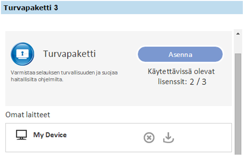 4. 4.) Ensimmäisen Turvapaketti-palvelun asennus: Poista oletuslaite My Device jotta voit nollata asennusoikeutesi ja aloittaa asennuksen klikkaamalla hallintaikkunan Asenna-painiketta.