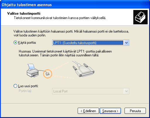 4. Valitse Paikallinen tulostin, joka on kytketty tähän tietokoneeseen ja napsauta Seuraava >.