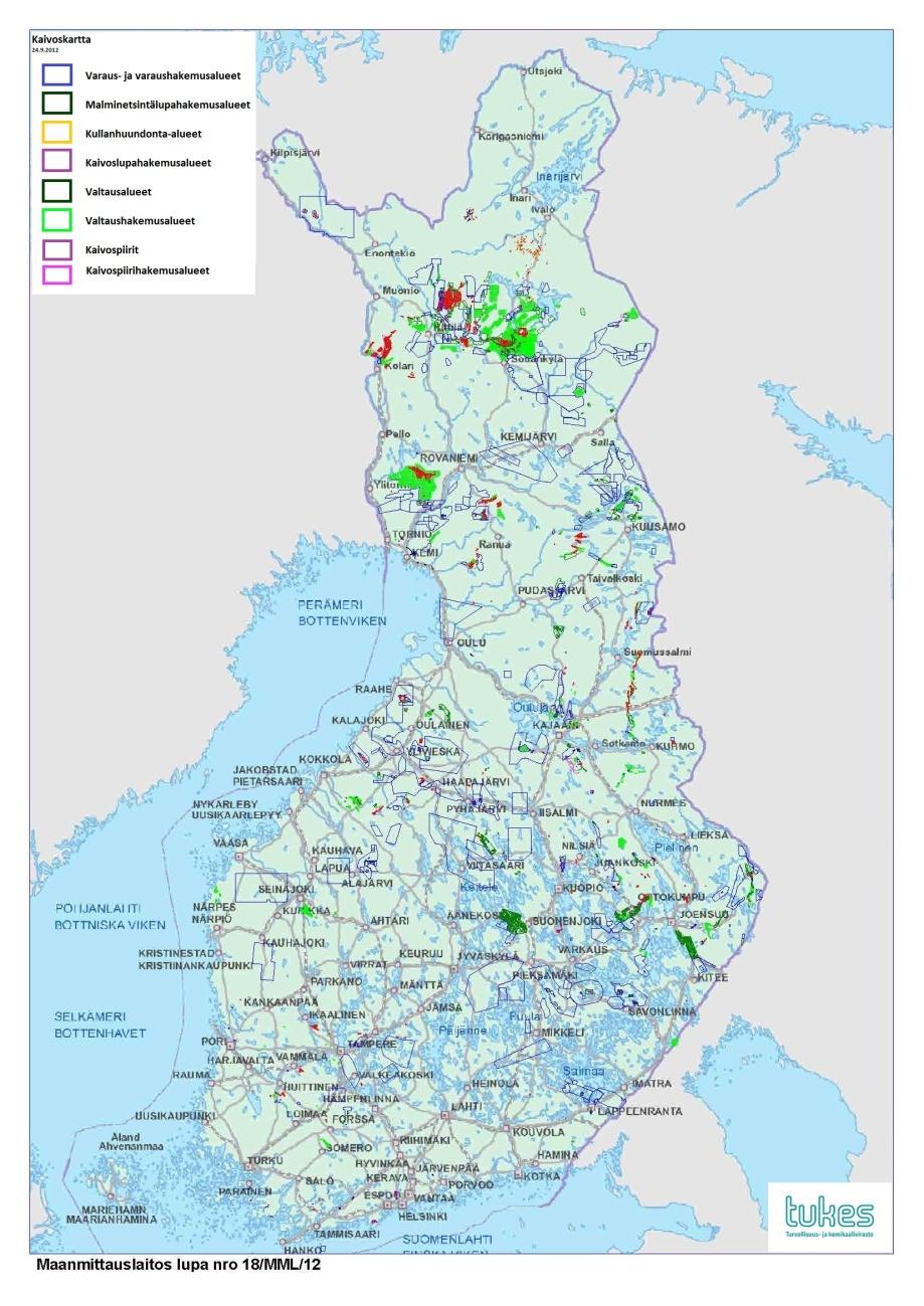 Malminetsintä 25 000,00 20 000,00 Kaivoslupien piirissä olevan maan pinta-ala 15 000,00 km 2 10