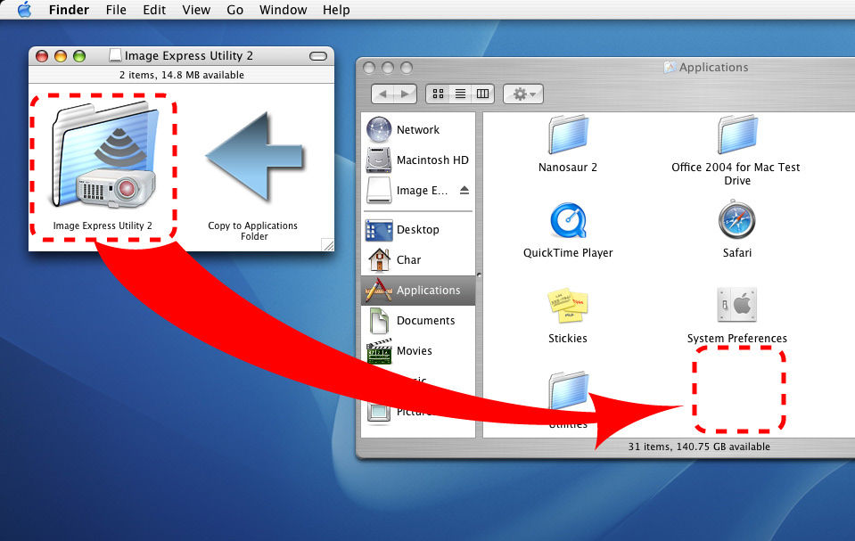 3. Käytännöllisiä toimintoja Käyttö Mac OS:ssä Vaihe 1: Asenna Image Express Utility Lite for Mac OS tietokoneeseen. 1. Aseta mukana tuleva NEC-projektorin CD-ROM-levy Mac-tietokoneen CD-ROM-asemaan.
