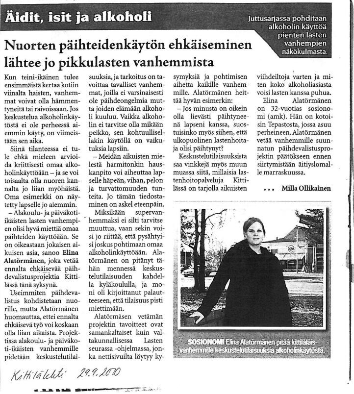 Näkyvyys Äidit, isit ja alkoholi juttusarja Kittilälehdessä ja artikkeli LeviNyt!